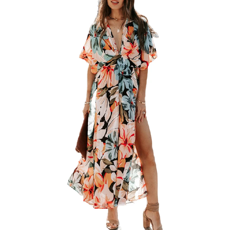 2025  Fashion Casual Elegant Long Maxi High Slit Dress Deep V Neck Short Sleeve Flower Floral Dresses Women 2025