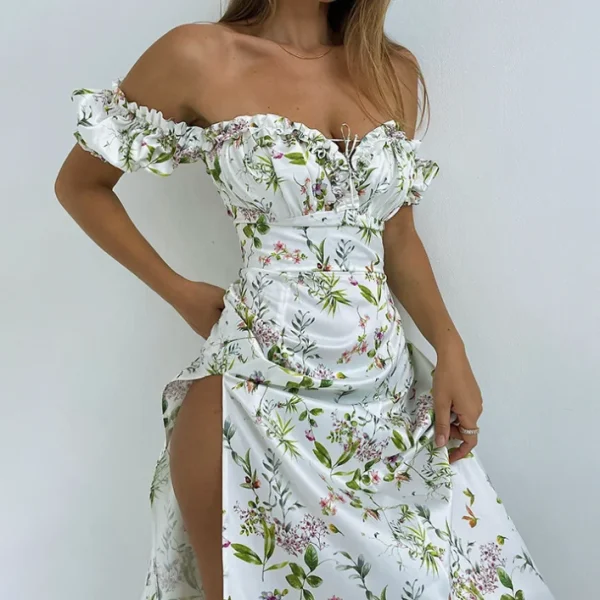 2025 Digital Printing Casual Dresses a Word Shoulder Floral High Split Dress Leisure Vacation Wind Fashionable