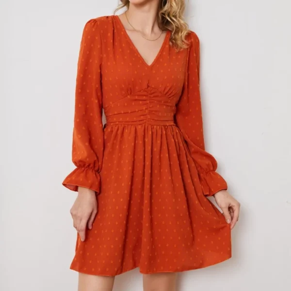 2025 Casual Dress Deep V Neck High Waist Socialite Long Sleeve High Quality Women's Dress Small MOQ