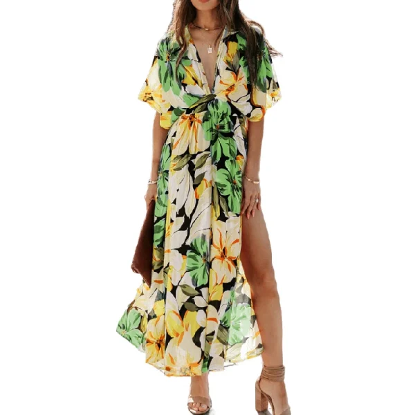 2025  Fashion Casual Elegant Long Maxi High Slit Dress Deep V Neck Short Sleeve Flower Floral Dresses Women 2025 - Image 3