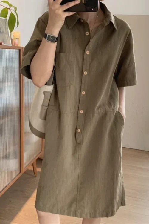 2025 Women Clothing Organic Cotton Button Down Kneelength Dress High Quality Women’s Dress Small MOQ