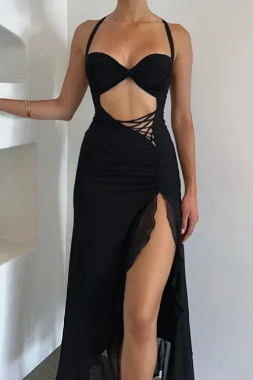 2025 Women Clothing Holiday Drawstring Open Back Cut Out Maxi Dress High Quality Women’s Dress Small MOQ