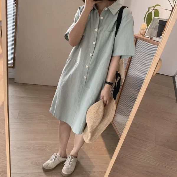 2025 Women Clothing Organic Cotton Button Down Kneelength Dress High Quality Women's Dress Small MOQ - Image 3