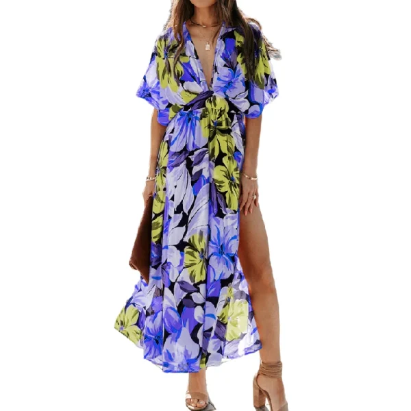 2025  Fashion Casual Elegant Long Maxi High Slit Dress Deep V Neck Short Sleeve Flower Floral Dresses Women 2025 - Image 5