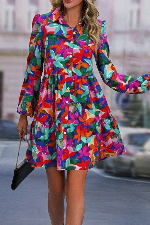 2025 High Quality Digital Casual Dresses-Shirt Dress Floral Print Deep V Neck Women’s Dress Small MOQ