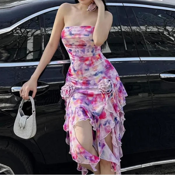 Tube Top Color Matching Rose Ribbon Dress Spring Hot Girl Short Skirt for Women Sexy Dress WomenDigital Printing Casual Dresses - Image 2