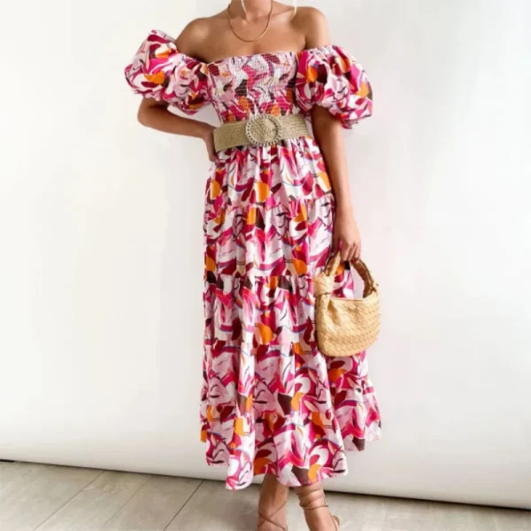 2025Puff Sleeve Beach Bohemian Maxi Dress Women 2025 Summer Off Shoulder Floral Boho Dress Female Chic Elegant Long Dresses - Image 2