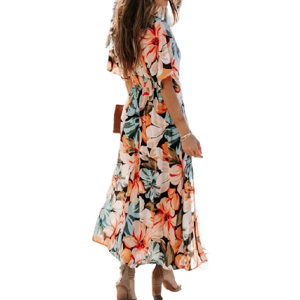 2025  Fashion Casual Elegant Long Maxi High Slit Dress Deep V Neck Short Sleeve Flower Floral Dresses Women 2025 - Image 2