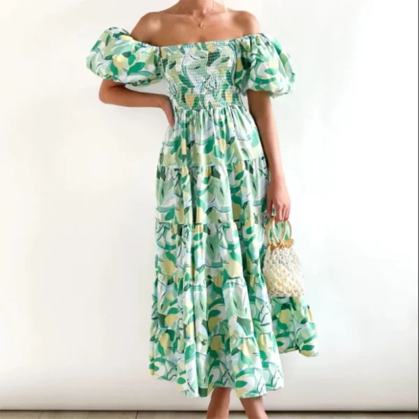 2025Puff Sleeve Beach Bohemian Maxi Dress Women 2025 Summer Off Shoulder Floral Boho Dress Female Chic Elegant Long Dresses - Image 3