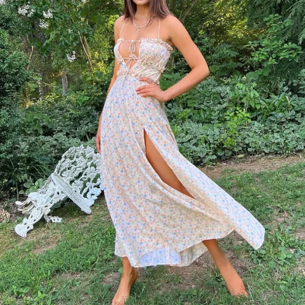 2025 Digital Printing Casual Dresses Drawstring Open Back Maxi DressHigh Quality Women's Dress Small MOQ