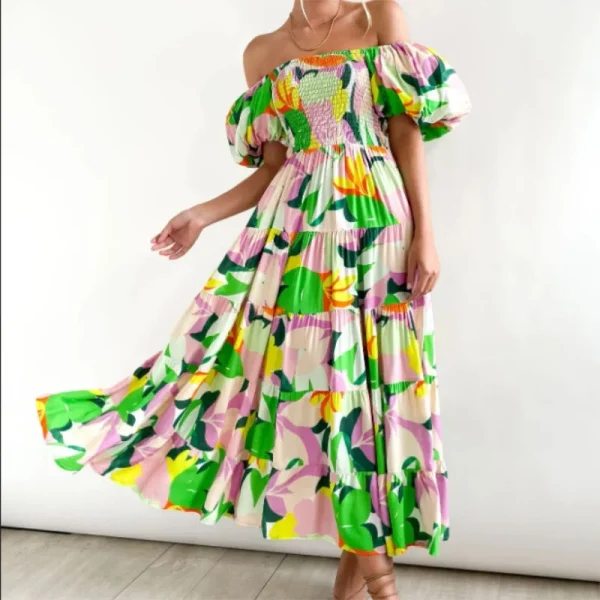 2025Puff Sleeve Beach Bohemian Maxi Dress Women 2025 Summer Off Shoulder Floral Boho Dress Female Chic Elegant Long Dresses