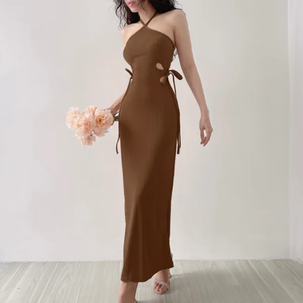 2025 Casual Dress Halter Dress Drawstring Cut Out Maxi Dress High Quality Women's Dress Small MOQ
