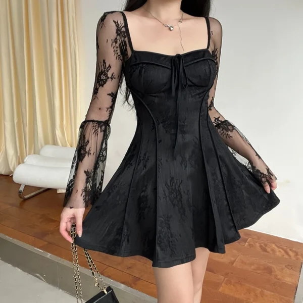 2025 High Quality Y2K Popular Women's Clothing Lace Mesh Long Sleeve Drawstring Women's Dress Small MOQ - Image 4